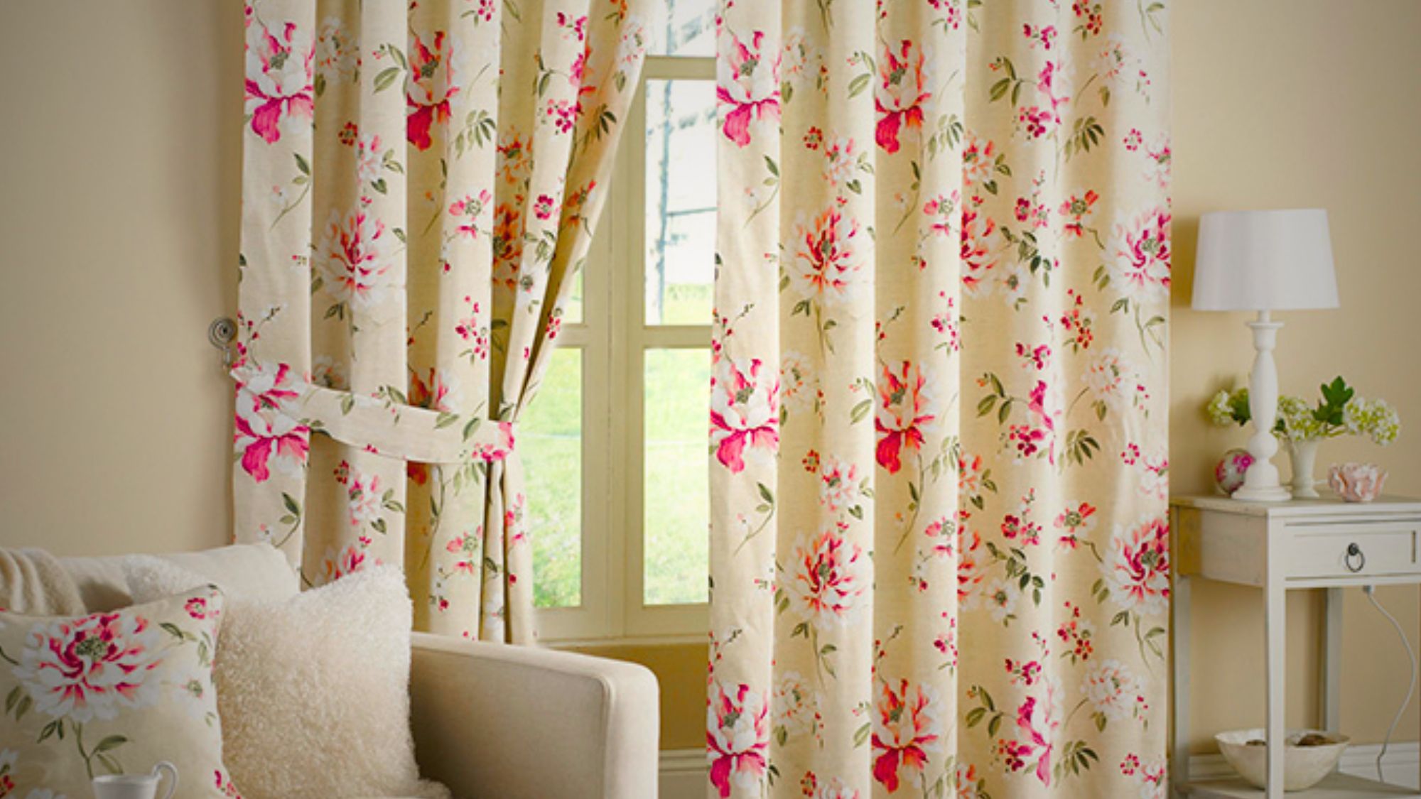 A cozy living room with a couch and a window, adorned with ready-made curtains