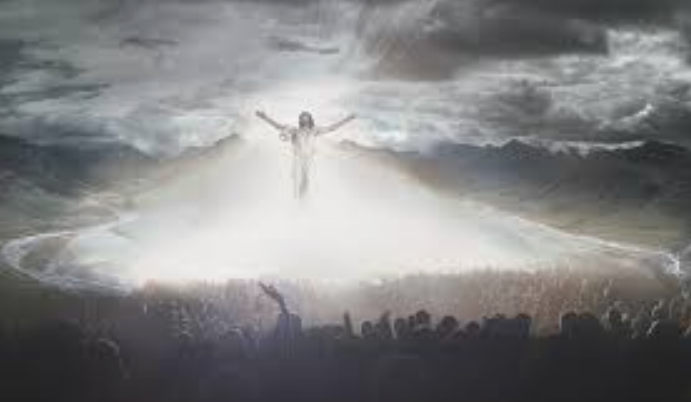 A glowing church surrounded by dark clouds with people standing in unity, symbolizing hope, spiritual revival, and faith renewal.