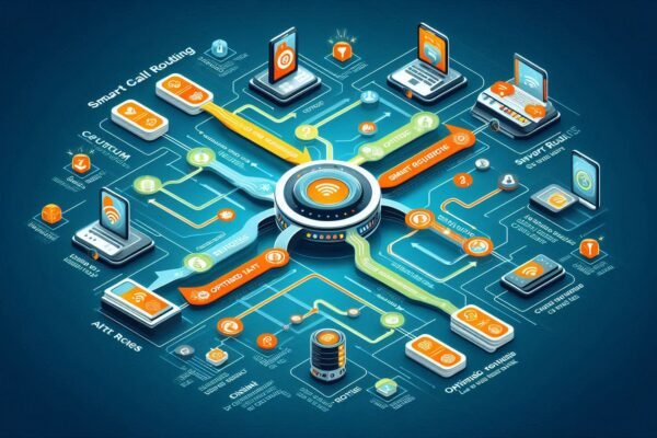 A conceptual infographic showing smart call routing routing in a digital system. Visualize users or