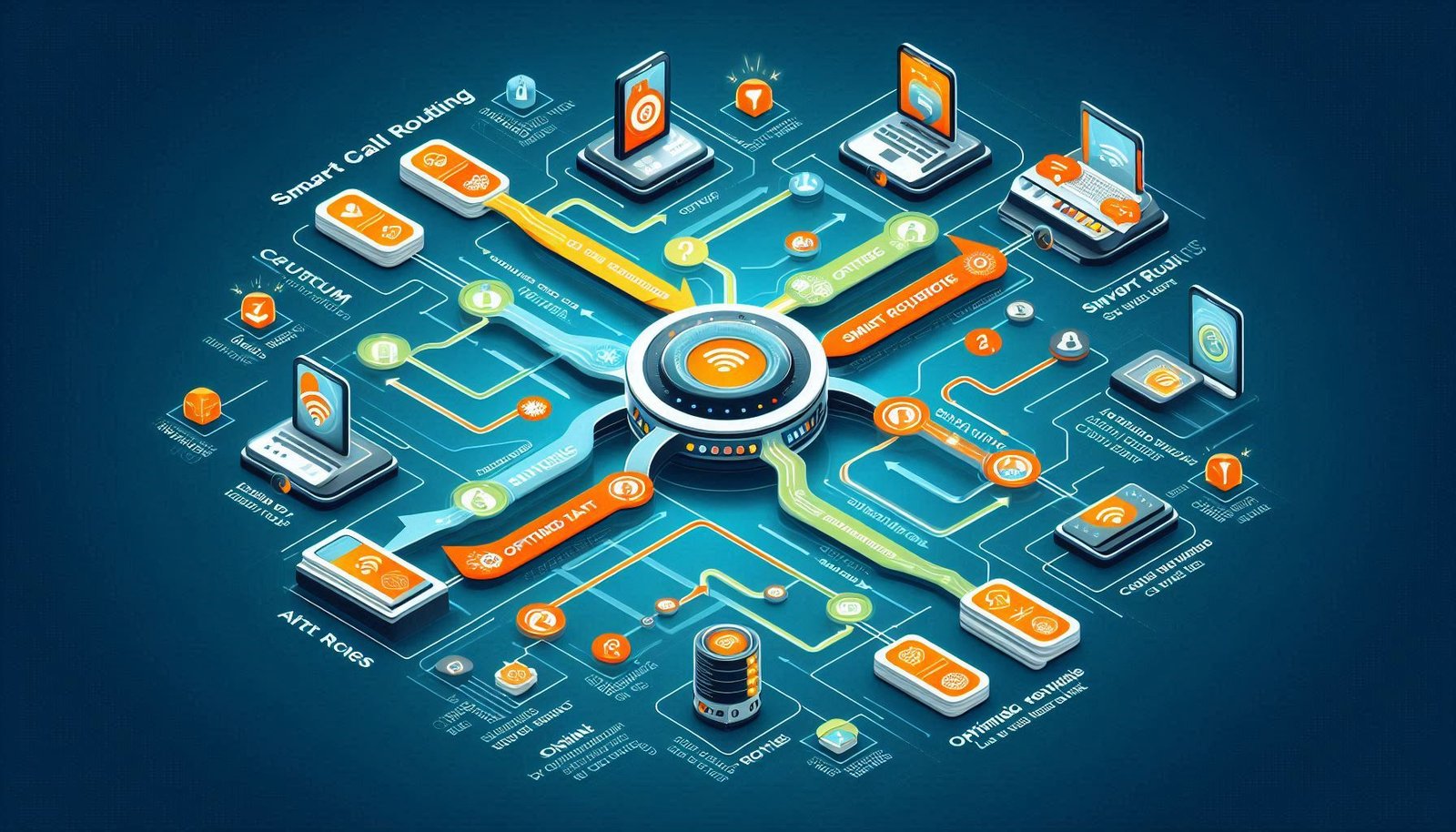 A conceptual infographic showing smart call routing routing in a digital system. Visualize users or