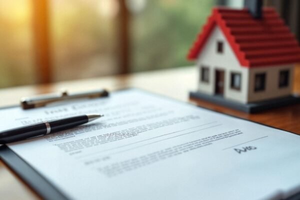 T lease agreement close up with a pen on it next to a house model on a desk