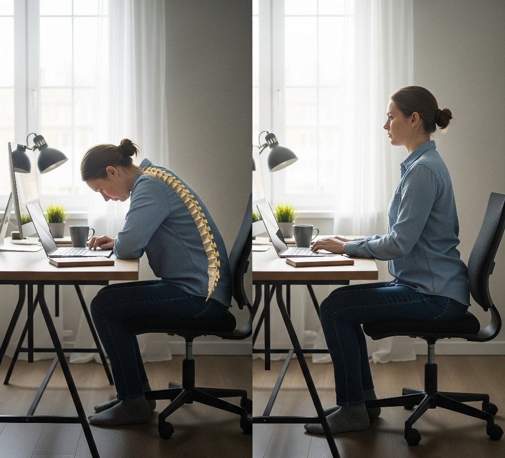 Side-by-side images of a woman working at a desk. On the left, he has poor, slouched posture. On the right, he sits with good, upright posture.