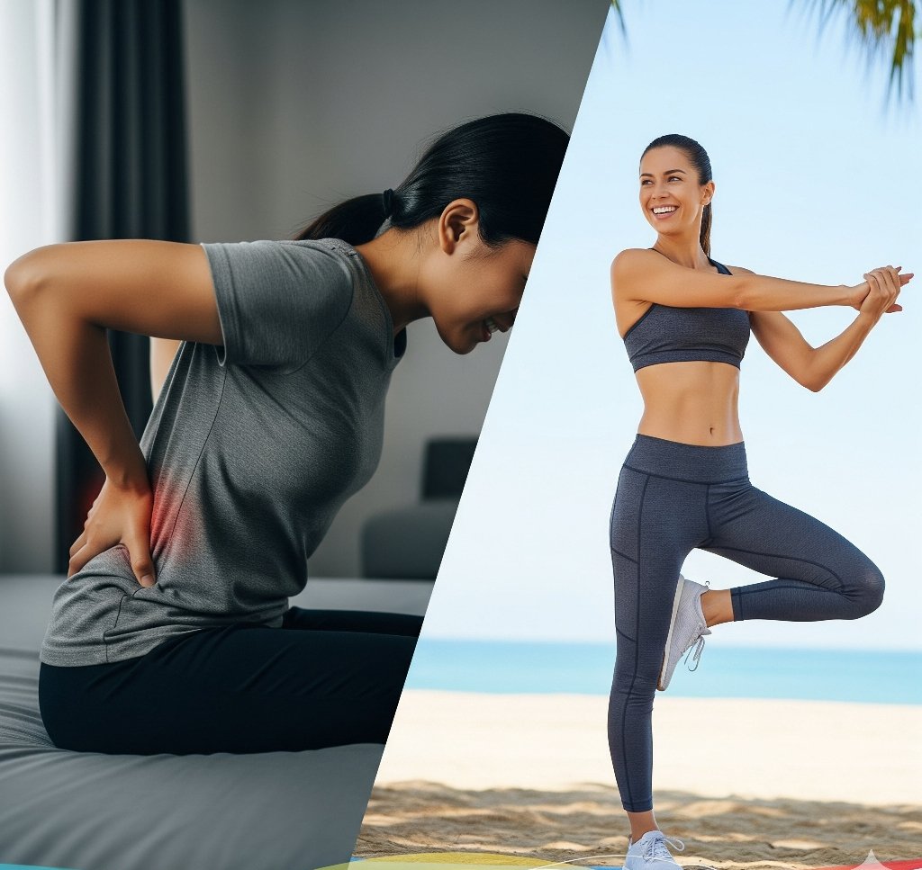 Image showing a woman with a pained expression and an active woman doing a yoga pose on a beach, representing the link between core strength and a pain-free life.