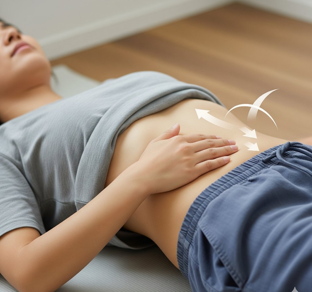 A person lying on their back with one hand on their belly, performing diaphragmatic breathing. The image shows their belly rising as they breathe in and falling as they breathe out, with minimal chest movement. This illustrates the proper technique to engage the diaphragm.