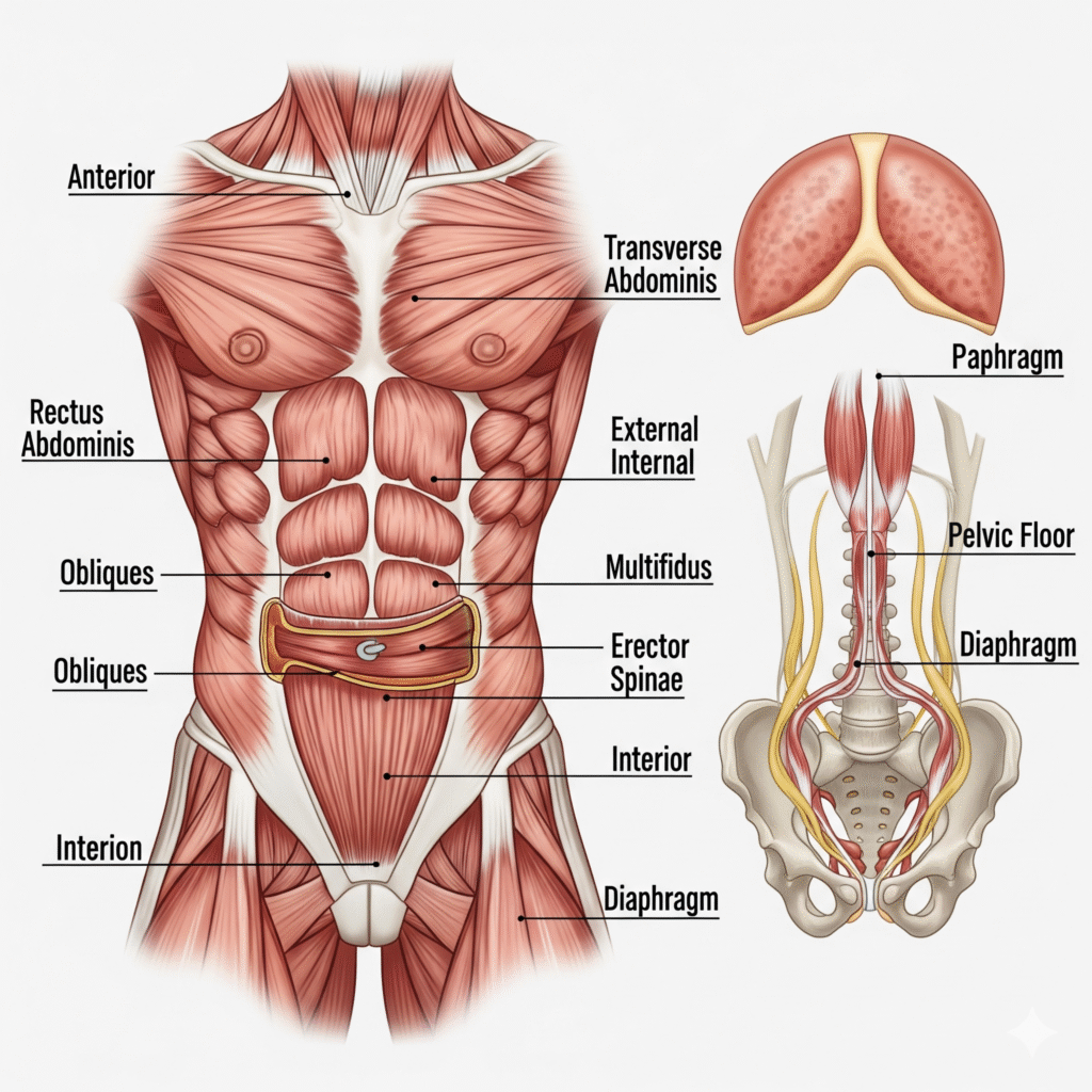 Illustration of core anatomy highlighting rectus abdominis, obliques, transverse abdominis, and deeper stabilizing muscles that support the spine and pelvis.