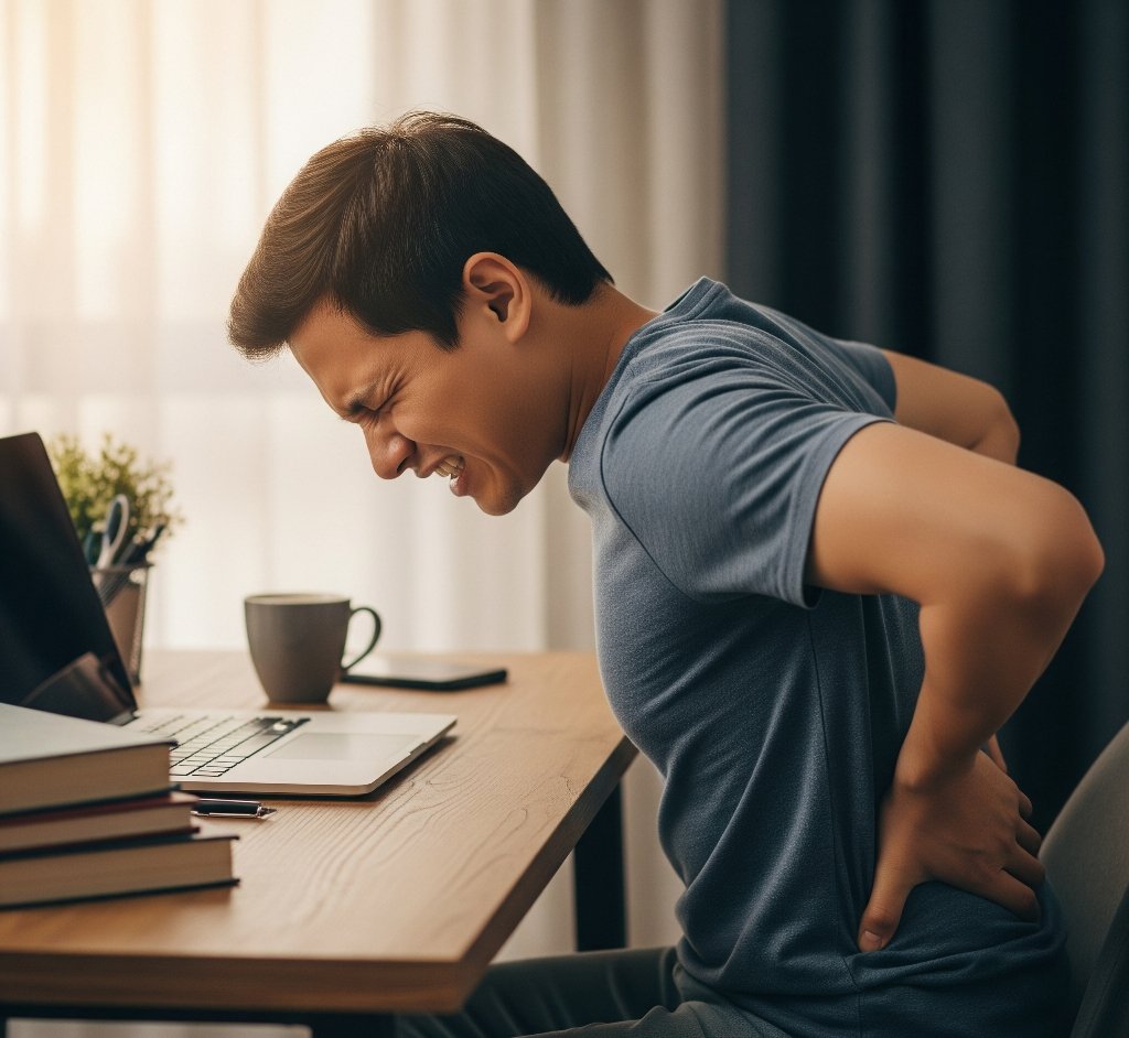 An image of a person sitting at a desk, holding their lower back and grimacing in discomfort. This shows the common consequence of weak core muscles and prolonged sitting.