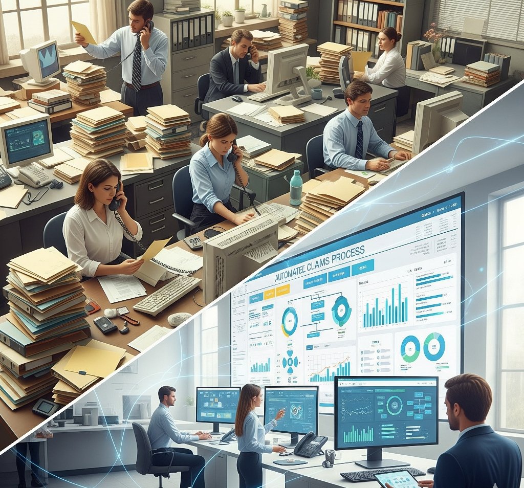 A professional and modern split-screen image. On the left, people are working in a cluttered office filled with paper. On the right, a different group of people are calmly interacting with large digital screens displaying a streamlined, data-driven claims process, illustrating the transformation to AI and automation.