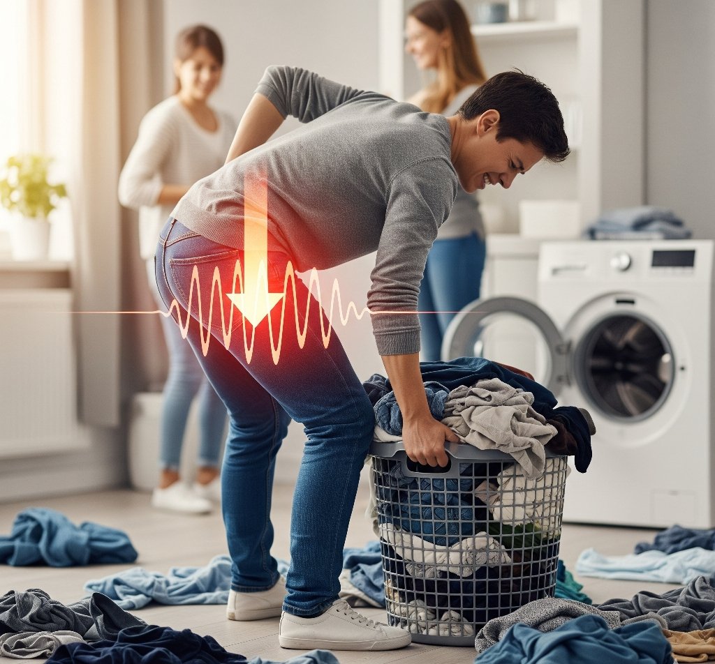 A person with a pained expression is bending over to pick up a heavy laundry basket. A red, downward-pointing arrow and a glowing wave pattern visually show the pressure and strain on their lower back, illustrating how a weak core places stress on the spine.
