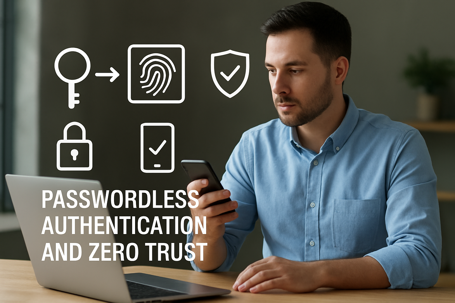 Professional man using smartphone for passwordless authentication in a modern office, with digital security icons representing the zero trust security model
