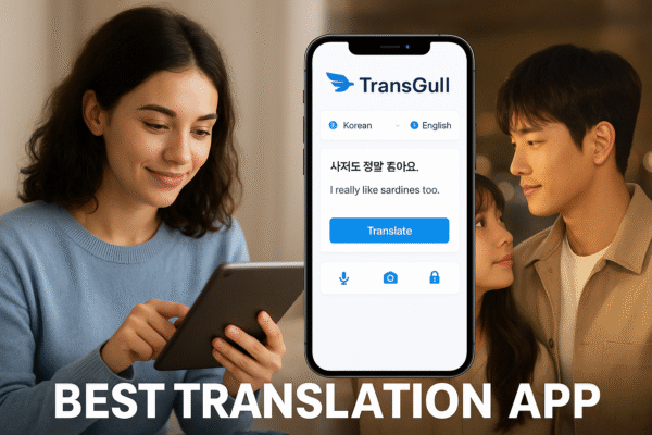 A digital composite image showcasing the TransGull translation app.