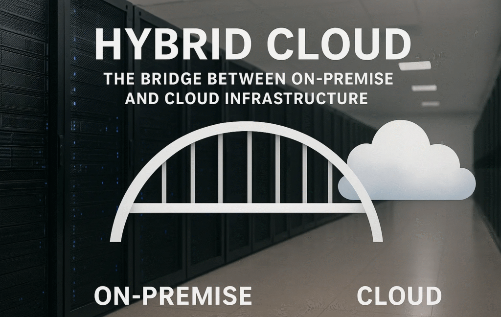 Realistic hybrid cloud visualization with modern data center servers connected to digital cloud icons, representing secure IT integration.