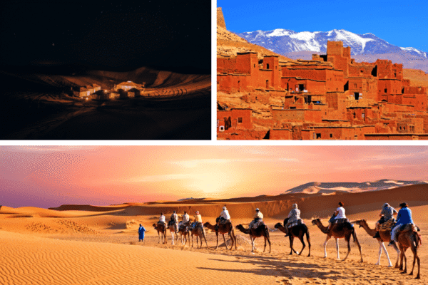 Golden sand dunes of the Sahara Desert in Morocco with clear blue sky