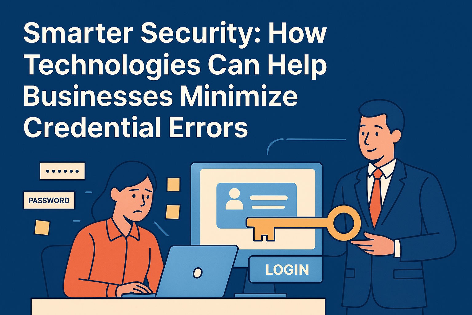 Flat-style digital illustration showing employees using secure login technologies like SSO, MFA, password managers, and biometrics to reduce credential errors in the workplace.