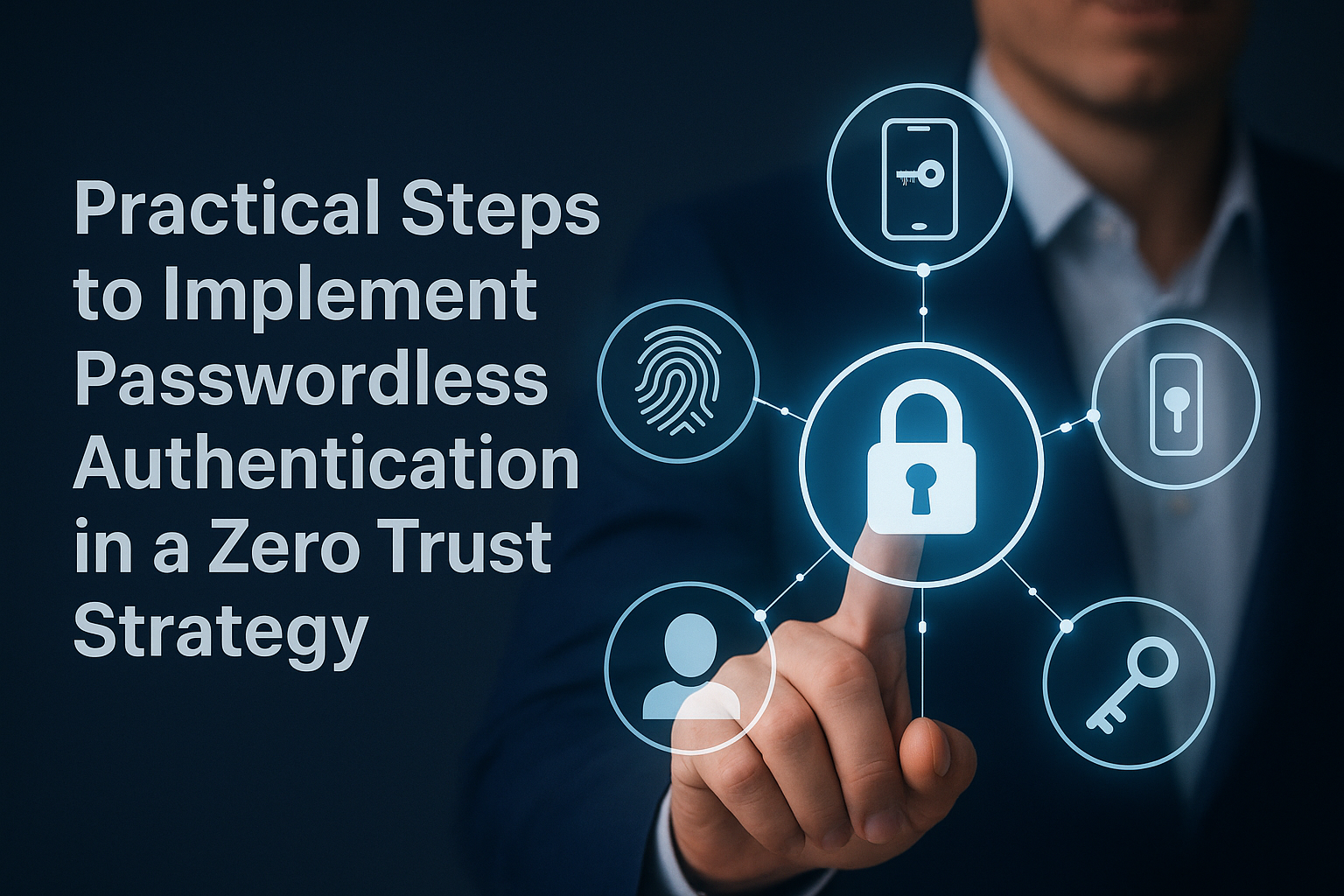 Business professional activating a digital lock icon surrounded by biometric, mobile, and key authentication symbols, representing passwordless authentication in a zero trust architecture.