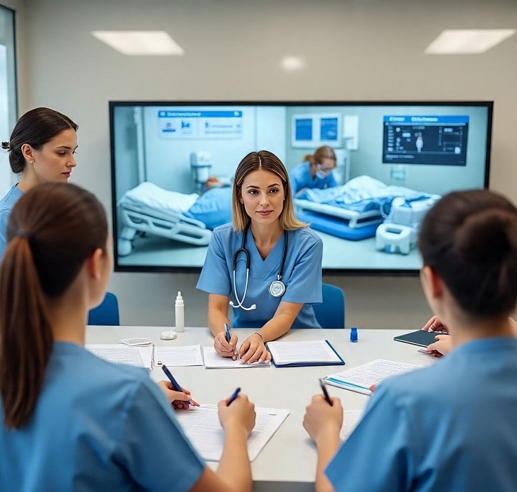 Nurses using digital training methods for nurses through virtual simulations
