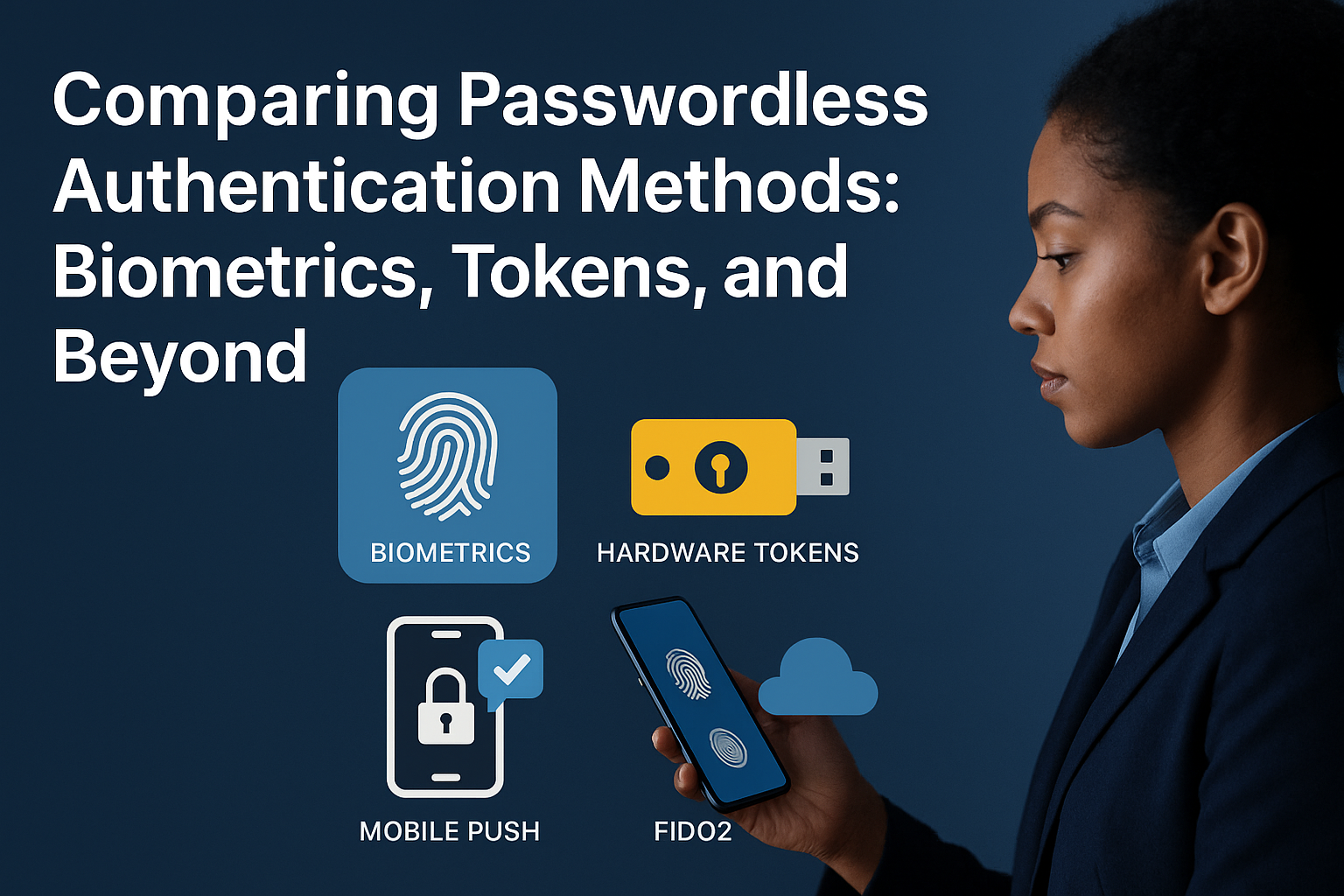 A professional businesswoman uses biometric authentication on her smartphone, with icons representing biometrics, hardware tokens, mobile push, and FIDO2 alongside the title “Comparing Passwordless Authentication Methods: Biometrics, Tokens, and Beyond.