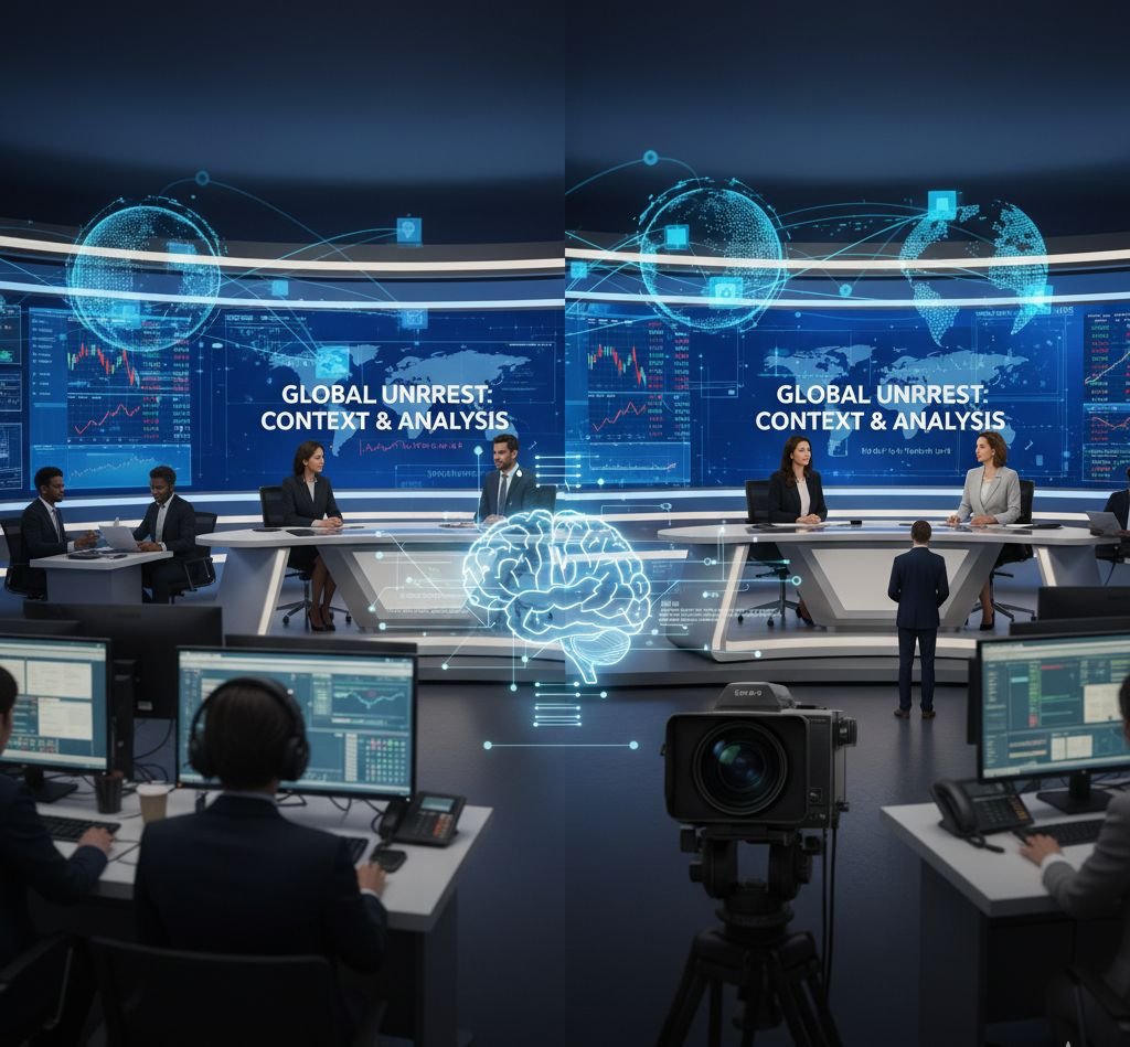 News studio with anchors, screens, and crew.