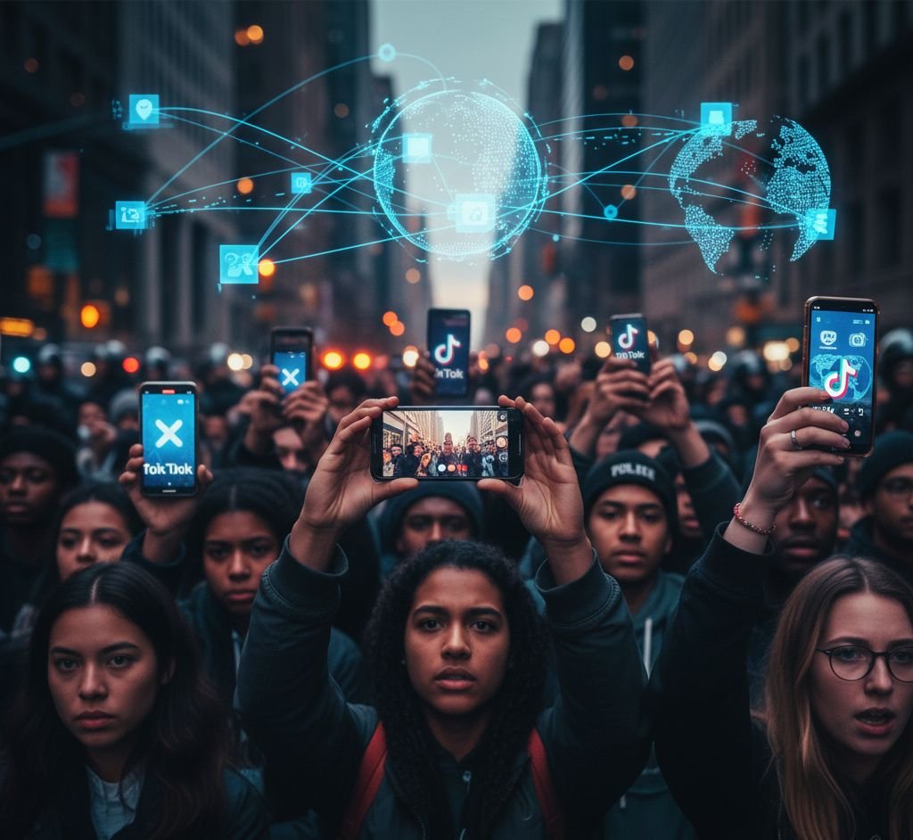 People filming protest with smartphones and social media icons