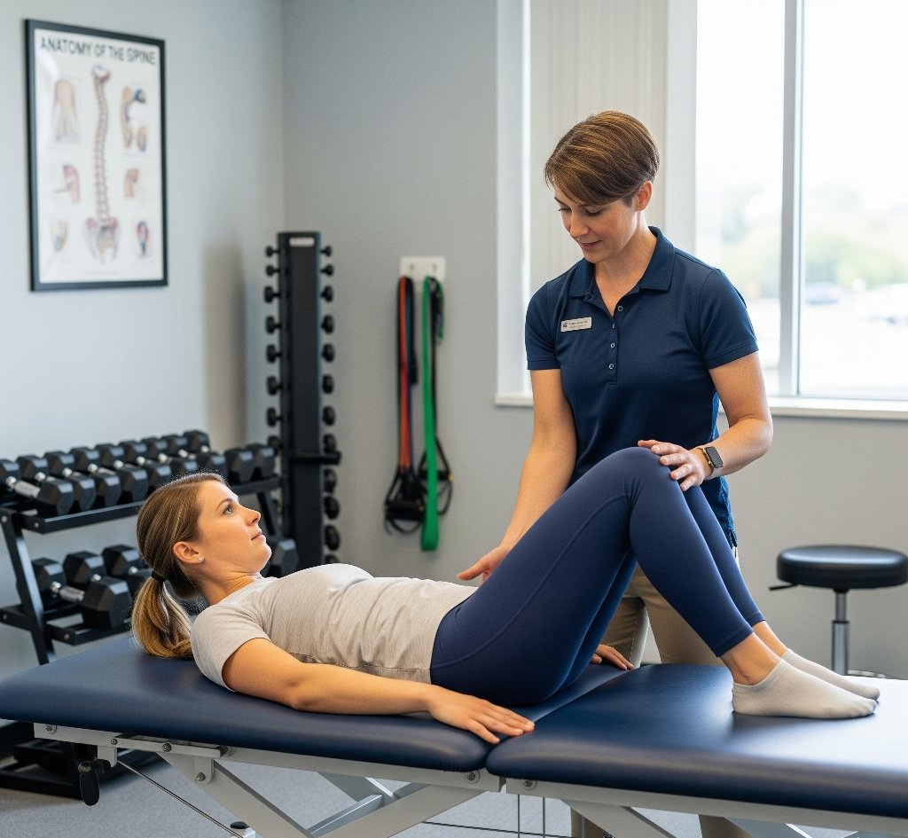 Physical therapist teaching core exercises as an alternative to long-term pain medication."