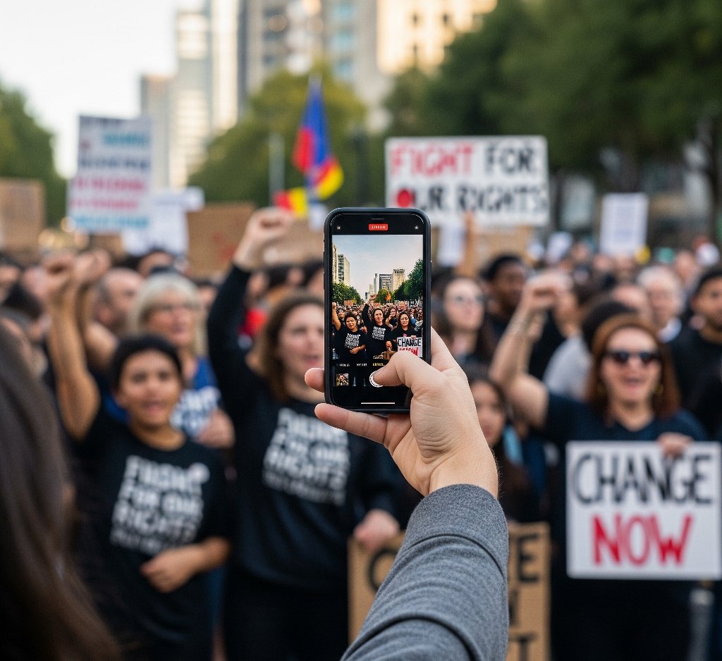 A person records a protest on their phone.