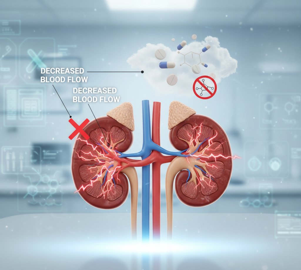 Illustration of stressed kidneys with pills, indicating painkiller-related chronic kidney disease."