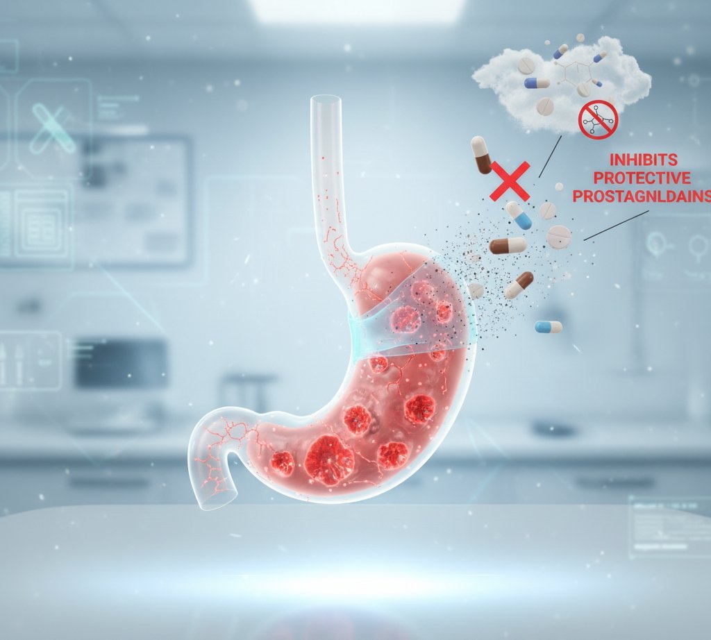 Illustration of a damaged stomach lining with pills, representing painkiller-induced gastrointestinal bleeding.
