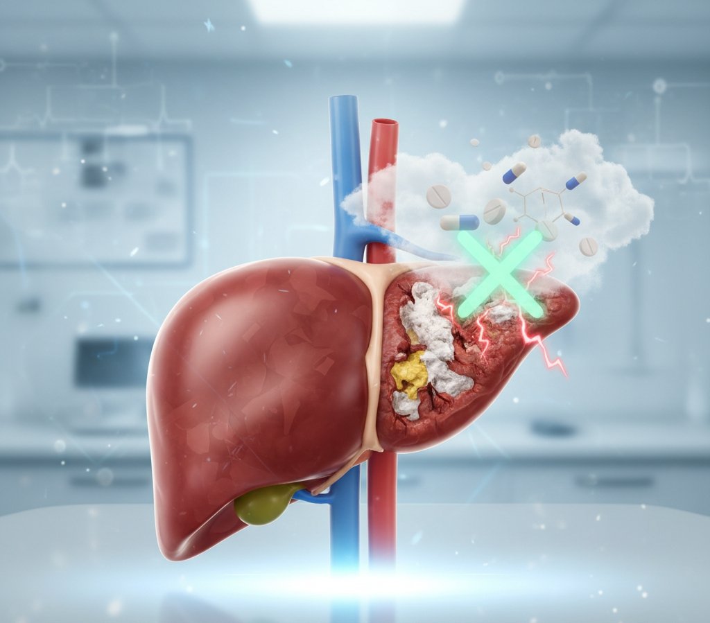 Illustration of a damaged liver with pills, symbolizing painkiller-induced liver failure