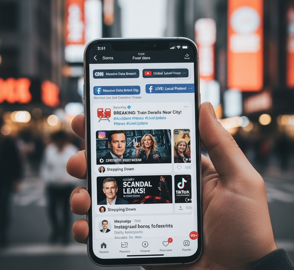 A modern smartphone displays various social media news feeds and notifications.