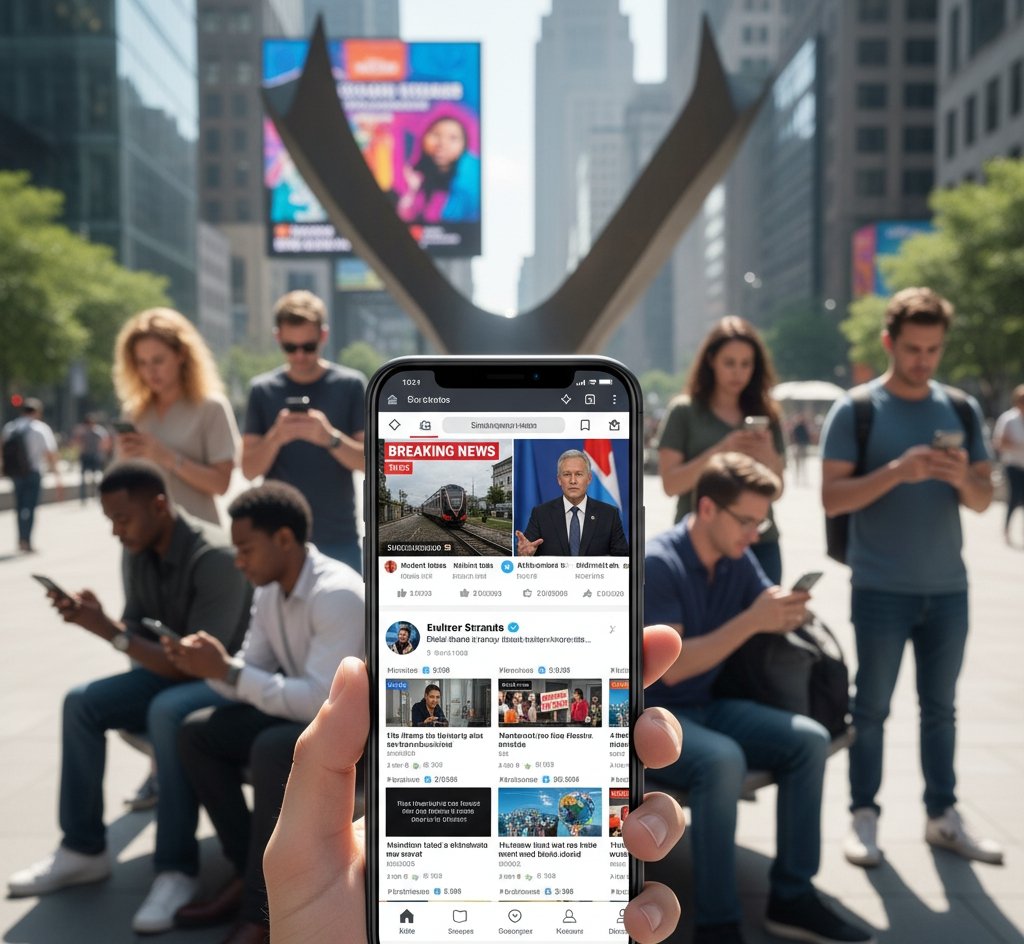 A diverse group of people actively engaging with news on their smartphones in a public setting.