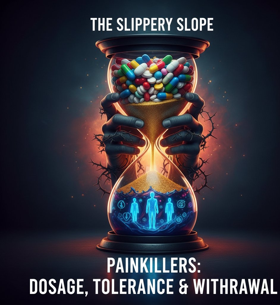 Hourglass with pills and hands, illustrating painkiller risks.