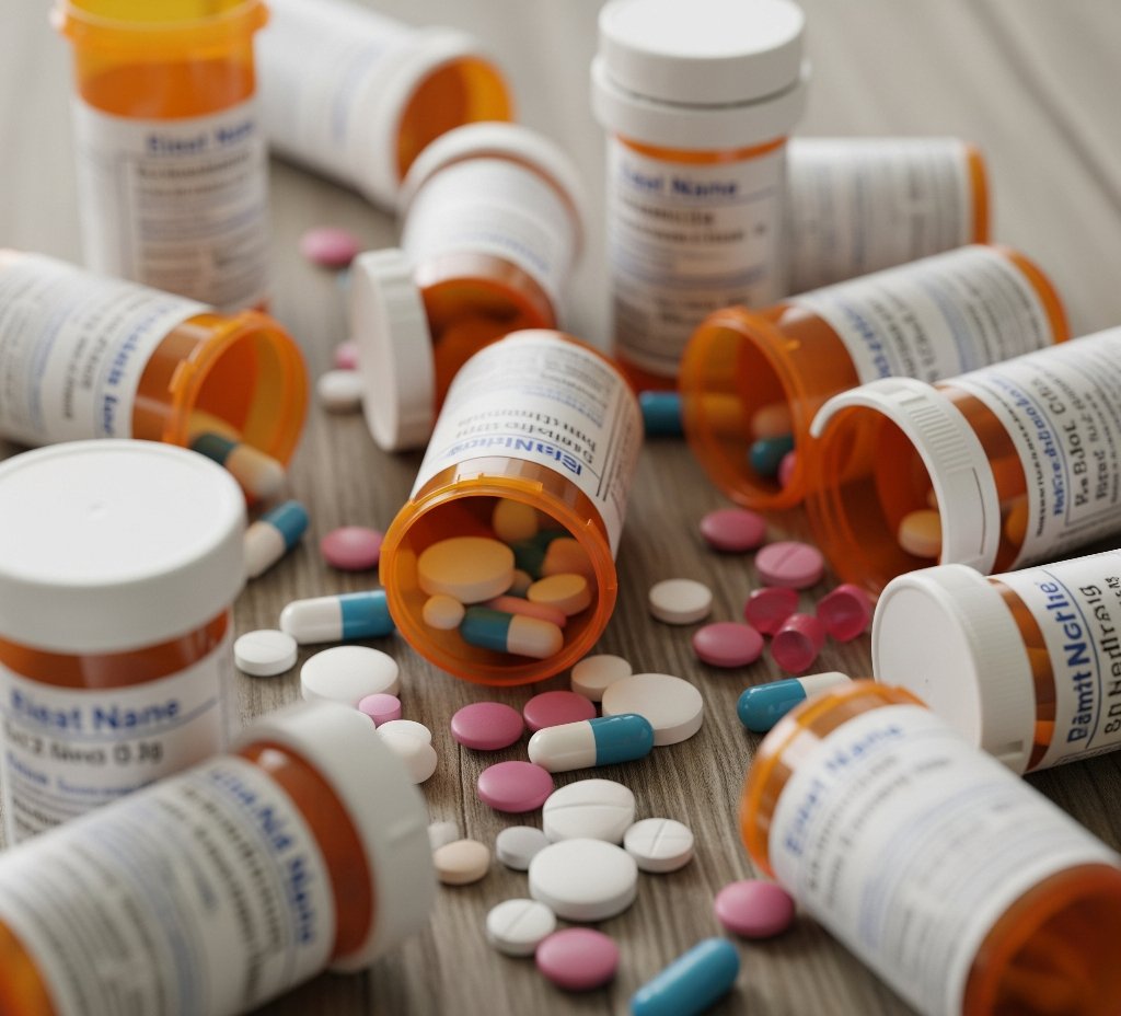 Prescription painkillers on a table, symbolizing dependency risks.