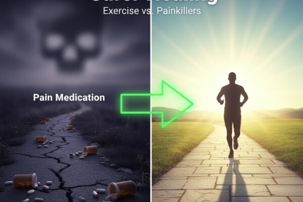 A side-by-side comparison of two paths. On the left, a shadowy, winding path with scattered pill bottles represents pain medication, leading to a dark, uncertain background. On the right, a bright, clear path with a silhouette of a person running towards a vibrant, sunny horizon represents exercise and active healing. A prominent, glowing green arrow points towards the exercise path, suggesting a positive choice.