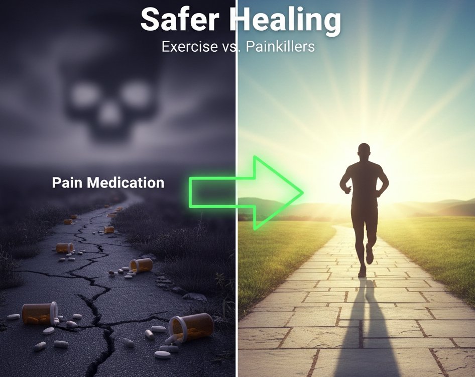 A side-by-side comparison of two paths. On the left, a shadowy, winding path with scattered pill bottles represents pain medication, leading to a dark, uncertain background. On the right, a bright, clear path with a silhouette of a person running towards a vibrant, sunny horizon represents exercise and active healing. A prominent, glowing green arrow points towards the exercise path, suggesting a positive choice.