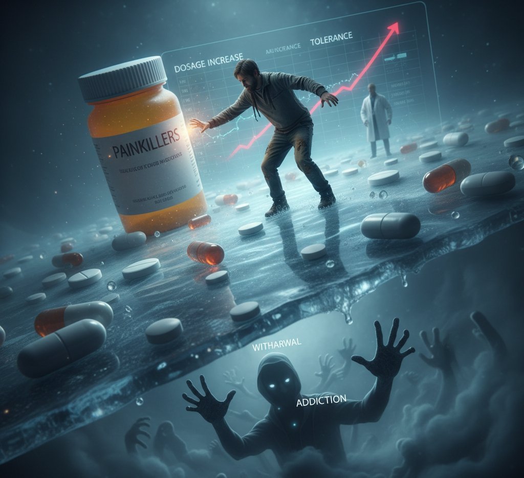 Man on icy pills representing dosage increase, tolerance, and the risks of withdrawal and addiction.