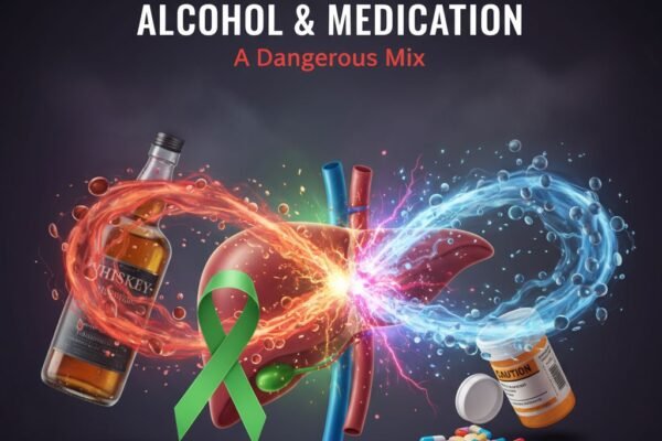 The Role of the Liver: How Alcohol Disrupts Drug Metabolism image that includes medication alongside the liver and alcohol, with a clear message about their interaction