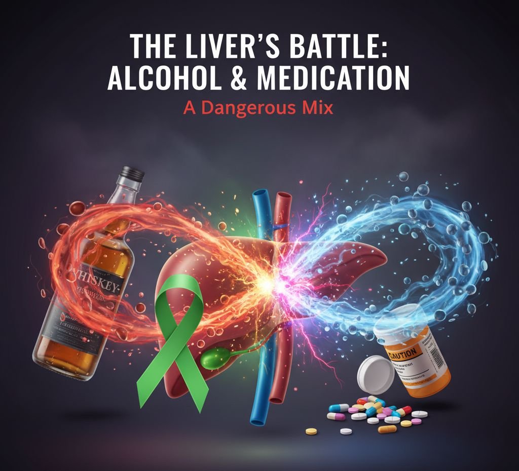 image that includes medication alongside the liver and alcohol, with a clear message about their interaction