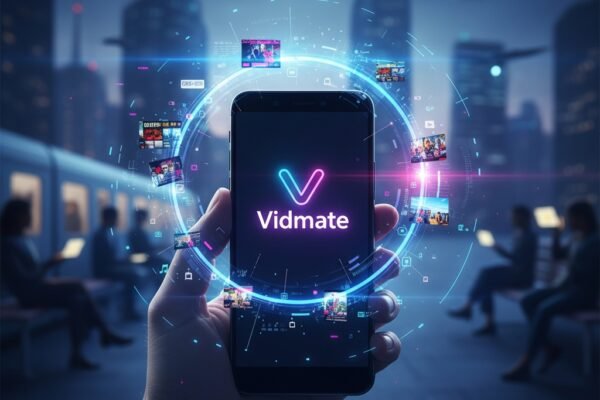 Smartphone with Vidmate logo and radiating content, representing mobile entertainment on one's own terms.