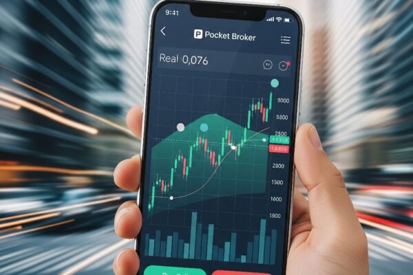 A vibrant feature image showing a smartphone with the Pocket Broker app, displaying a stock chart with an upward trend against a dynamic city background, representing a modern and efficient trading platform.
