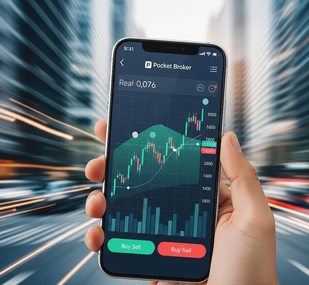 A vibrant feature image showing a smartphone with the Pocket Broker app, displaying a stock chart with an upward trend against a dynamic city background, representing a modern and efficient trading platform.