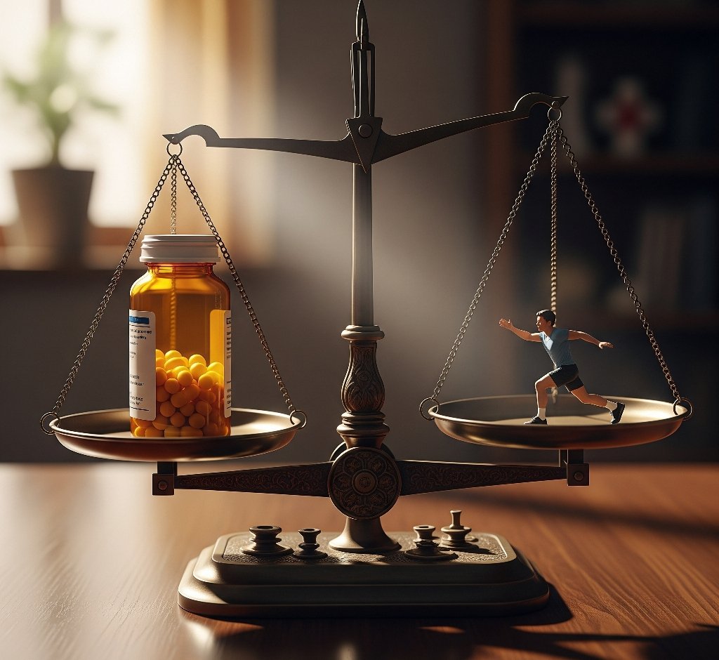 A visual representation of a scale balancing a bottle of pills on one side and a person exercising on the other.