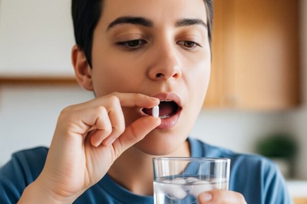 A person taking a pill with a glass of water.