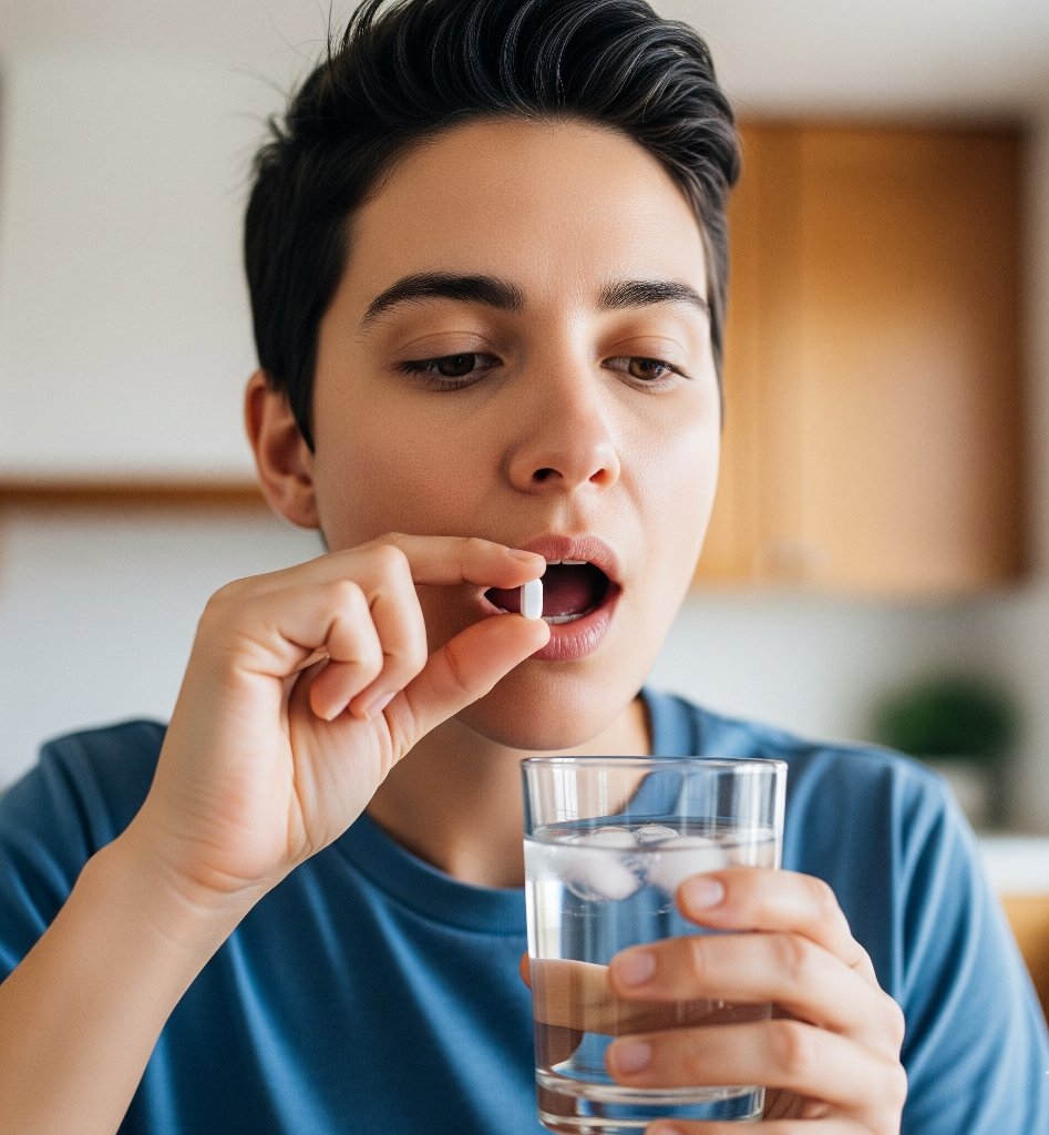 A person taking a pill with a glass of water.
