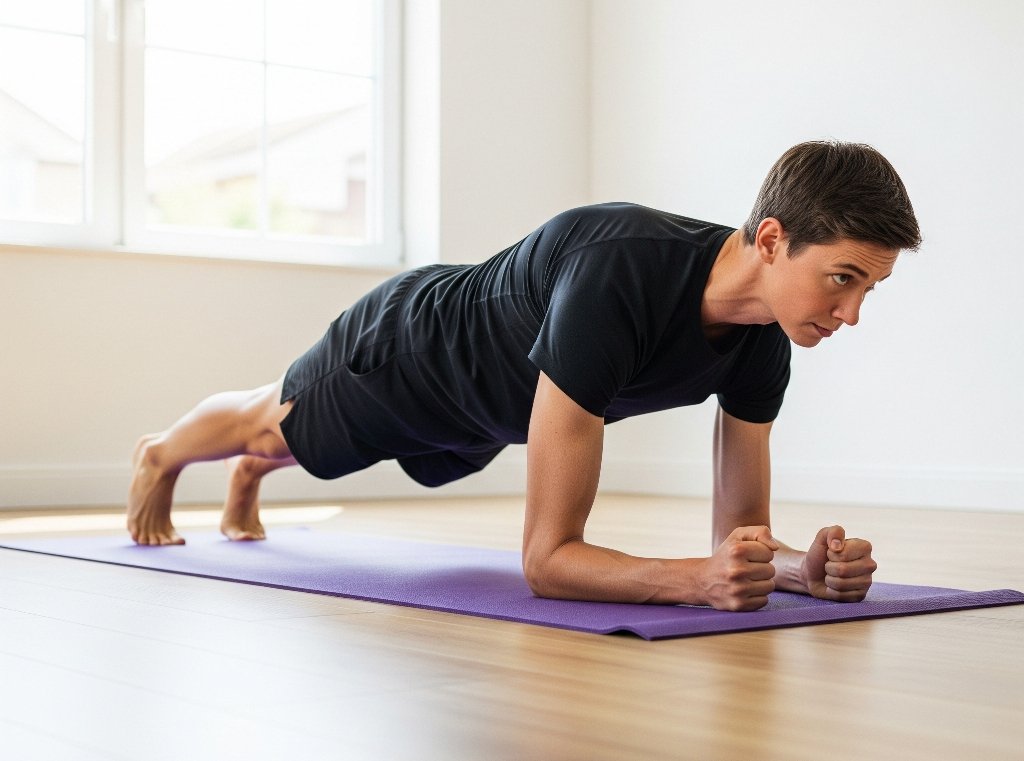 A fit individual is performing a perfect plank on a purple yoga mat, showcasing strong core engagement with a straight back and aligned head and heels.