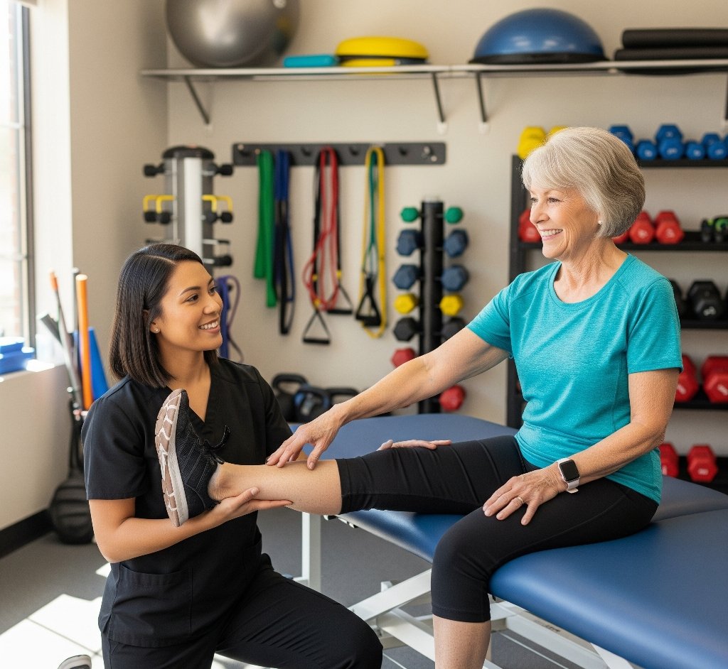 A physical therapist, a woman in her late 30s with warm, friendly eyes and wearing comfortable, professional attire, is gently guiding a female patient in her early 60s through a seated stretching exercise in a well-lit physical therapy clinic.