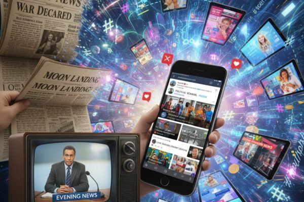 A dynamic collage illustrating the evolution of news delivery, with elements of old newspapers and broadcast television blending into a vibrant display of social media feeds and smartphone notifications.