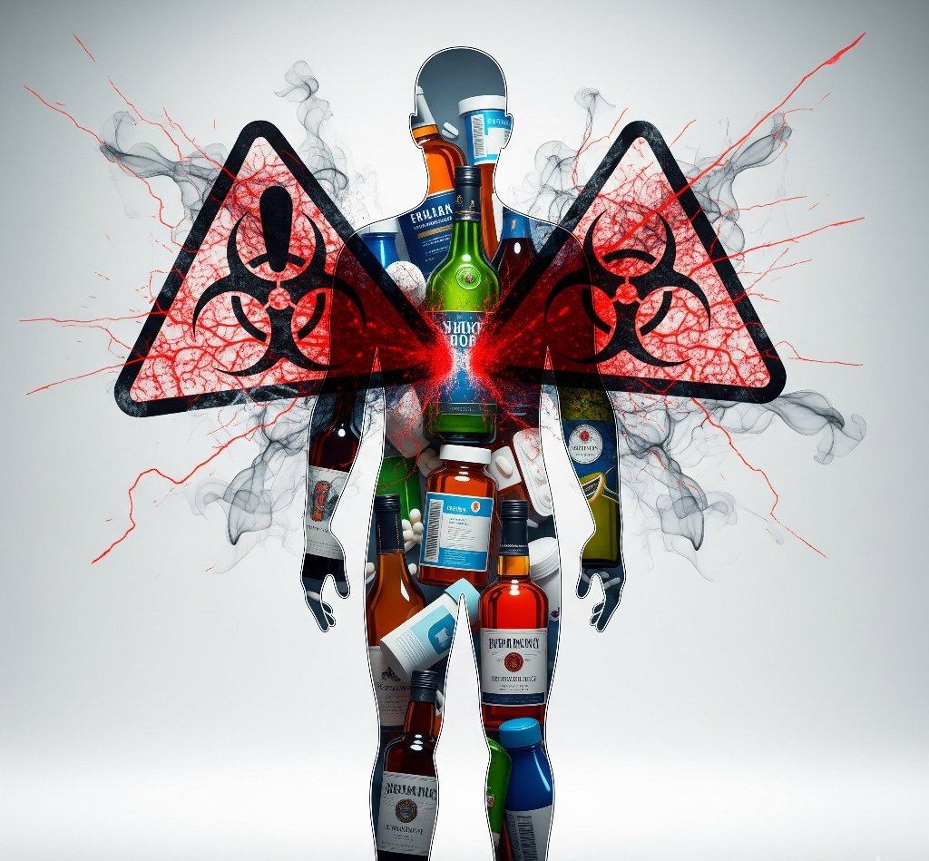 image showing a human silhouette filled with alcohol and pill bottles, with a warning symbol indicating a dangerous interaction