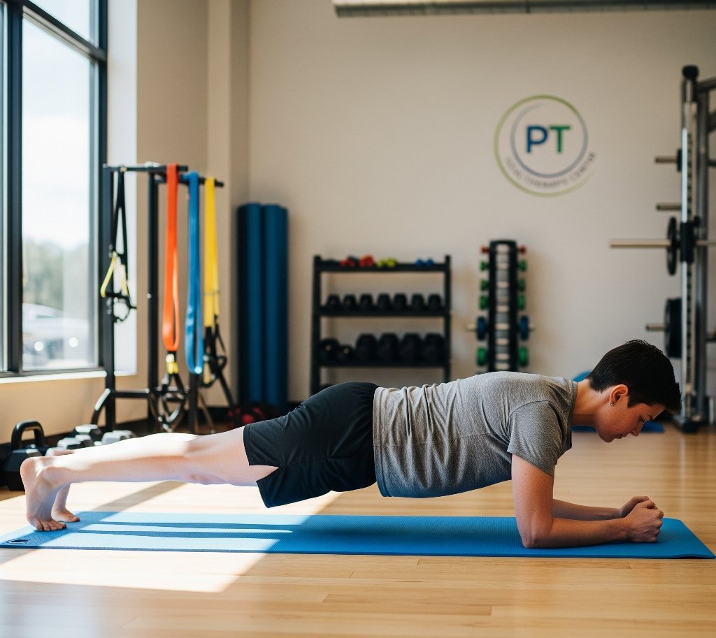 Person holding a plank position to strengthen core muscles for back pain relief.