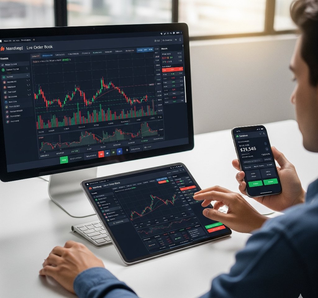 A person using a trading platform simultaneously on a desktop, a tablet, and a smartphone.