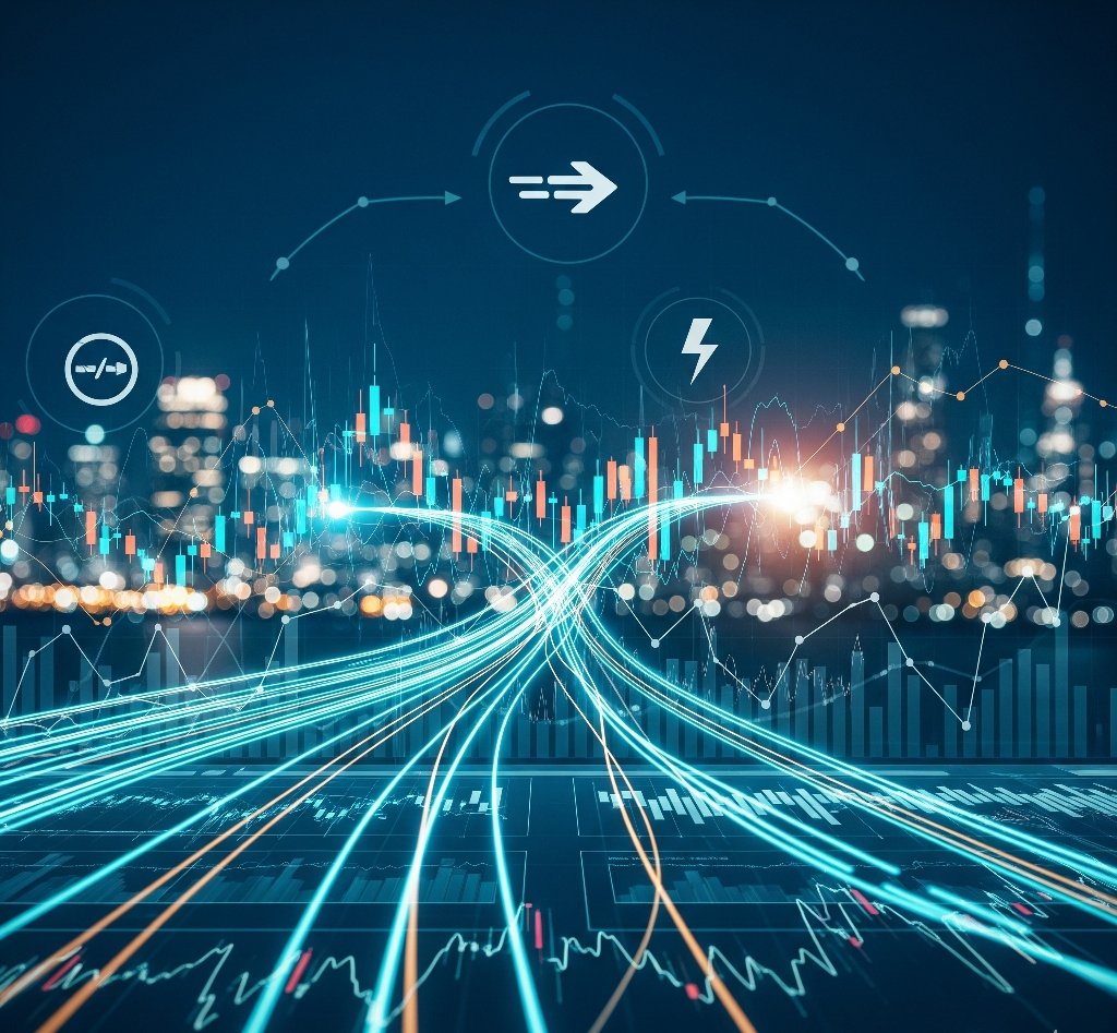 A futuristic trading dashboard with glowing lines of data representing fast and reliable transactions.
