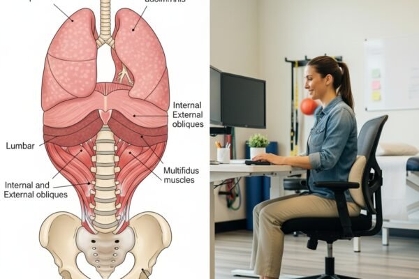 How Physical Therapists Use Core Training to Treat Chronic The first image is a medical illustration of the human core muscles. The second image shows a woman sitting in a black office chair with a lumbar support cushion.